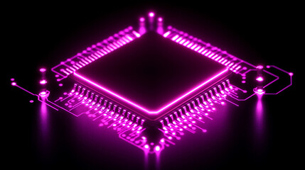 Poster - microchip at the center, encircled by dynamic, glowing data streams, symbolizing technological progress and innovation in modern computing and digital transformation