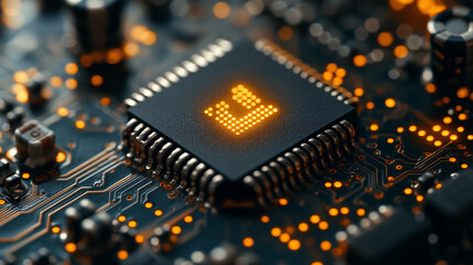 Poster - microchip at the center, encircled by dynamic, glowing data streams, symbolizing technological progress and innovation in modern computing and digital transformation
