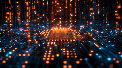Poster - microchip at the center, encircled by dynamic, glowing data streams, symbolizing technological progress and innovation in modern computing and digital transformation