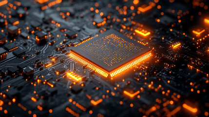 Poster - microchip at the center, encircled by dynamic, glowing data streams, symbolizing technological progress and innovation in modern computing and digital transformation