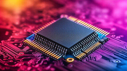 Poster - microchip at the center, encircled by dynamic, glowing data streams, symbolizing technological progress and innovation in modern computing and digital transformation
