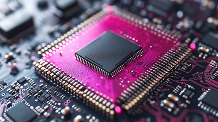 Poster - microchip at the center, encircled by dynamic, glowing data streams, symbolizing technological progress and innovation in modern computing and digital transformation