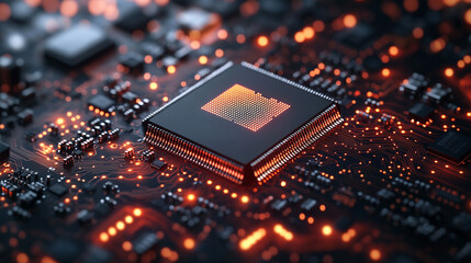 Poster - microchip at the center, encircled by dynamic, glowing data streams, symbolizing technological progress and innovation in modern computing and digital transformation
