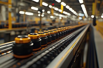 Poster - Precision manufacturing in a modern factory setting with products moving along a conveyor belt, highlighting automation and efficiency in industrial production.