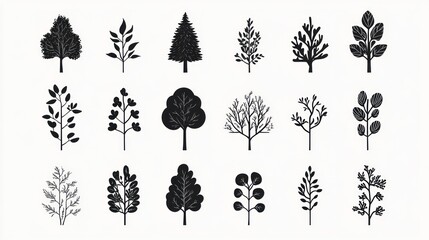 Silhouette tree icons; various leaf types; nature; design elements; website