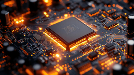 Poster - microchip at the center, encircled by dynamic, glowing data streams, symbolizing technological progress and innovation in modern computing and digital transformation