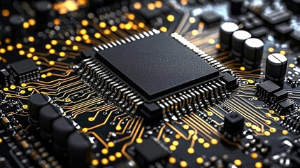 Poster - microchip at the center, encircled by dynamic, glowing data streams, symbolizing technological progress and innovation in modern computing and digital transformation