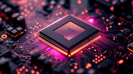 Poster - microchip at the center, encircled by dynamic, glowing data streams, symbolizing technological progress and innovation in modern computing and digital transformation