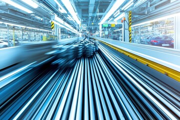 Poster - High-speed motion blur of car parts on conveyor belts, emphasizing the rapid pace and efficiency of modern automotive manufacturing processes within an automated factory.