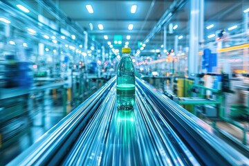 Poster - A water bottle on an automated conveyor belt in a bottling plant, showcasing the mass production process in a modern factory with advanced technology and efficient manufacturing.