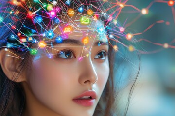 Poster - close-up of a woman's face intertwined with glowing, colorful digital network lines and icons, repre