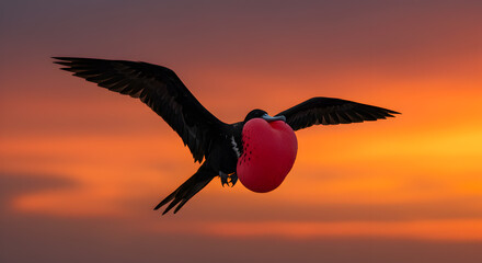 magnificent frigatebird displaying inflated gular sac against a fiery sunset sky