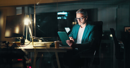 Leinwandbilder - Mature man, night and tablet in office, financial consultant and online for trading trend. Accounting, expert advisor and email international client for update on stock, report deadline and contact