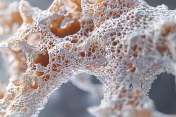 Poster - A detailed close-up showcasing a porous, coral-like structure in white and orange, highlighting intricate cellular patterns and complex, organic texture for biological concept.