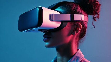 Poster - Immersive World: A portrait of a woman wearing a virtual reality headset, her eyes engaged with an unseen digital realm, her expression reflecting a sense of wonder and connection.