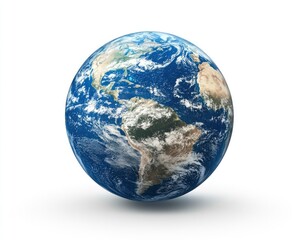 earth planet globe showing continents with clouds on white background