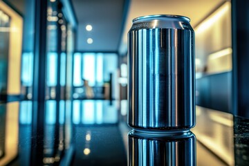Poster - Modern Blue Metal Can on Reflective Surface with Out-of-Focus Office Building Background, Sleek Design And Industrial Aesthetic.