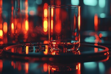 Poster - an artistic macro shot featuring a glass of liquid and microchips on a reflective surface, bathed in
