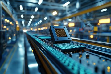 Poster - A detailed view of a microchip on a conveyor belt in a high-tech factory, demonstrating the precision and automation involved in modern electronics manufacturing processes and cutting-edge technology.
