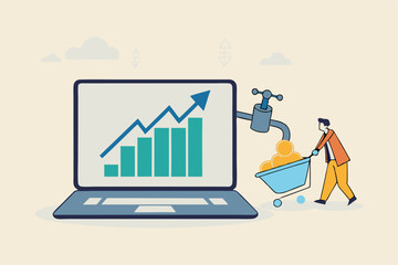 Make money online, earning profit from online investment, internet or e-commerce, sell product online, affiliate marketing concept, businessman making money coins online website from computer laptop.