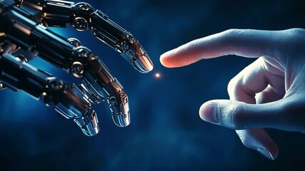 Poster - Touch of Creation: A symbolic visual of the intersection of technology and humanity, with a metallic robotic hand extending to meet a human finger against a glowing background.