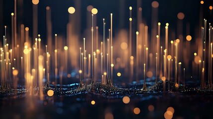 Poster - Magical glowing light pillars rising from dark surface with bokeh effect and golden particles create dreamy atmospheric background for fantasy designs.