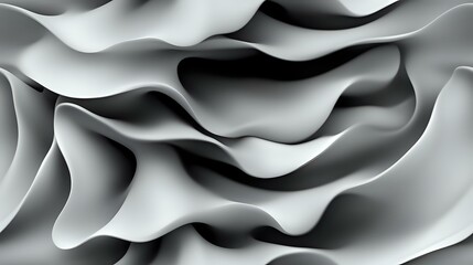 Poster - Monochromatic abstract wavy pattern with smooth flowing curves and undulating surfaces creating dynamic light and shadow effects in grayscale tones.