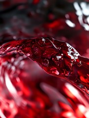 Poster - Dynamic splash of deep red liquid with air bubbles creating abstract wave pattern against dark background, macro photography highlighting transparent fluid motion and light reflections.