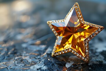 Poster - Golden crystal star brooch with rhinestone border on textured background, macro jewelry photography capturing light reflections and faceted details.