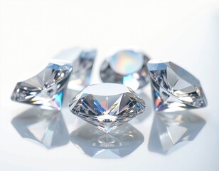 Poster - Sparkling diamonds on white background. Brilliant cut gems with many facets, reflecting light. Luxury, wealth and jewelry concept. Expensive stones. High-end fashion.