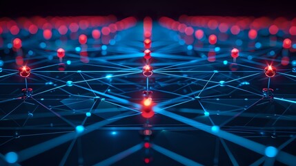 Poster - Glowing red and blue network connections on dark background illustrate digital communication, artificial intelligence and technological advancement concept.