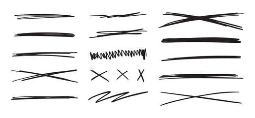 Poster - Scribble doodle underlines set. Underline and cross markers collection. Doodle lines isolated on white background.