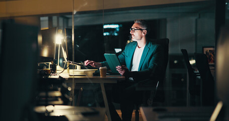 Leinwandbilder - Man typing, night and laptop in office, financial consultant and online for trading trend. Accounting, expert advisor and email international client for update on stock, report deadline and tablet