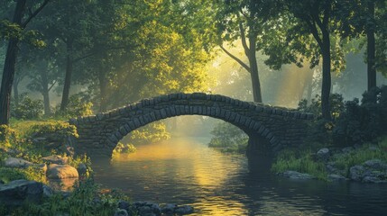 Wall Mural - stone bridge spans a calm river beneath trees in a misty, sunlit forest. use for peace, nature, or f