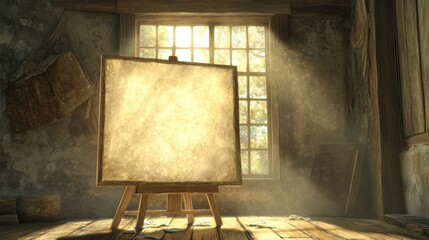 Wall Mural - Bright Sunlight Illuminates Empty Canvas in Rustic Studio Setting