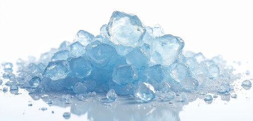 Poster - Illustration of crushed ice pieces crystals isolated white background. Blue transparent ice cubes cubes in pile. Refreshment, chilling, cocktail ingredient.