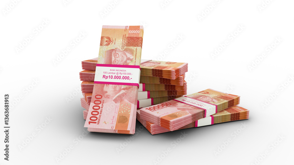 3d rendering of Stack of Indonesian rupiah notes. Few bundles of ...