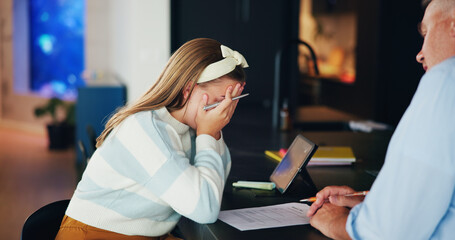 Aufkleber - Sad girl, dad or learning with support for homework, tutoring or education together at home. Father, child and teenager crying with assistance or assessment for fail, difficult test or exam at house