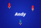 Andy male boy name illustration in blue with rockets.