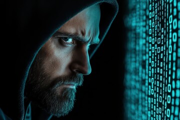 Poster - Intense hacker analyzing code in dark environment
