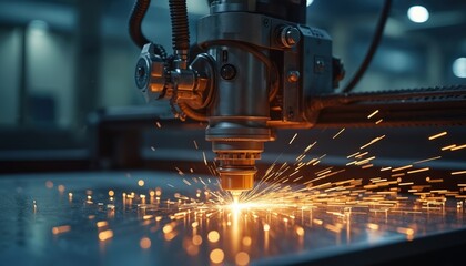 Poster - Laser cutting machine in action. Sparks fly during metal sheet processing. Manufacturing process. Automation tech. Factory worker job, industrial production, metalwork. Engineering, construction.