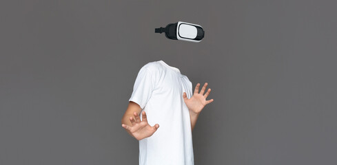 Poster - A user engages with a virtual reality headset, immersed in modern technology and experiencing augmented reality. The background is simple, enhancing focus on the gadget.
