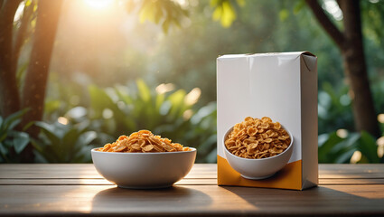 Poster - a bowl of nuts placed on a wooden table, with a box of nuts in the background, surrounded by greenery. The setting appears to be outdoors, with sunlight shining through, creating a warm and inviting a