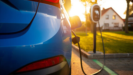 Poster - a blue electric car parked in front of a house, with the sun setting in the background casting a warm glow. The car is connected to a charging station, indicating it is being charged.