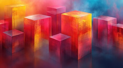 Poster - Abstract Cubes in a Dreamlike Haze: A Symphony of Red and Orange