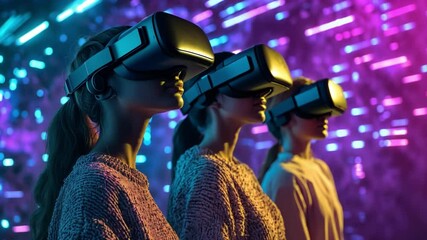 Poster - Immersive Reality: Captivating scene of individuals lost in a world of virtual reality, wearing VR headsets and surrounded by futuristic, glowing visuals.