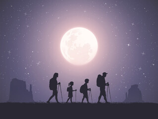 Sticker - Family travel. People walk at canyon with trekking poles at full moon