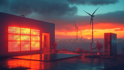 Poster - Aesthetic and efficient renewable energy setup at sunrise, with dark solar panels and wind turbines