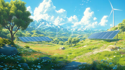 Wall Mural - solar panels and wind turbines shining in a lush green landscape beneath a clear sky