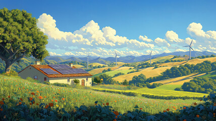 Wall Mural - rolling hills and cropland with solar panels and wind turbines for sustainable energy